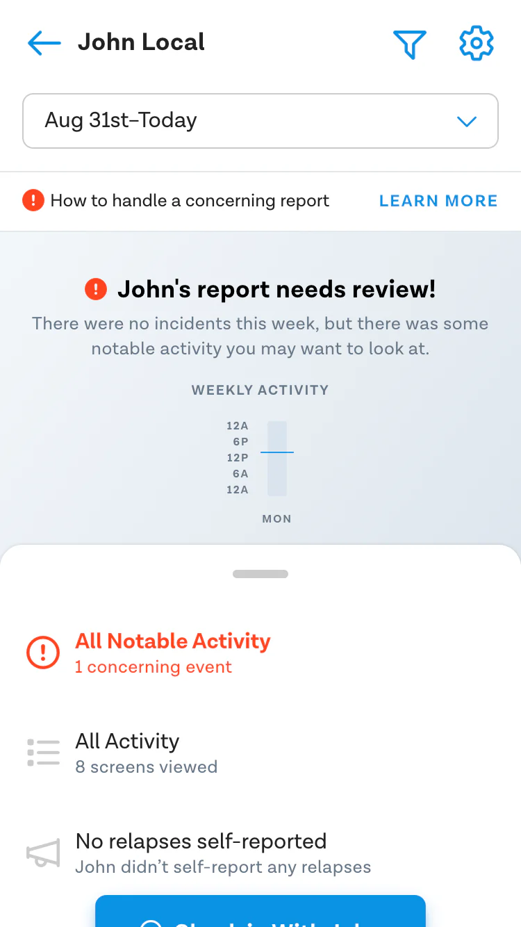 Ever Accountable report summary showing "John's report needs review!" with one concerning event flagged in red