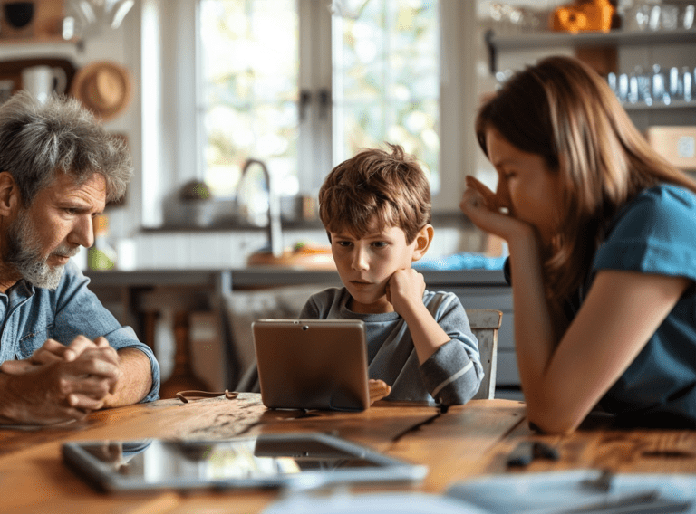 family at table with young son looking at a device. When your child is already viewing porn: Sexpectations - a book of hope and help